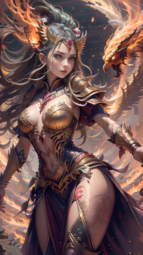 Tips: (Masterpiece), in full gold phoenix armor, Top Quality, Expressive Eyes, Perfect Face, Red skin, Feathers on Legs and Arms, Phoenix woman, fire magic, Palm fireball spell, 8k_wallpaper, highly detailed eyes, body  very high detailed, very detailed fi...