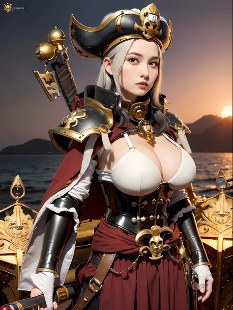 (masutepiece), Professional , ​masterpiece、top-quality、photos realistic , depth of fields （Gemstone Silver Metal Body:1.９),(Matte White、（Put on a pirate hat）、Jewel Gold Weapon（Jewel Metal Body:1.４),（Gorgeous metal weapons） , Detailed Sword of the Brave , 2...