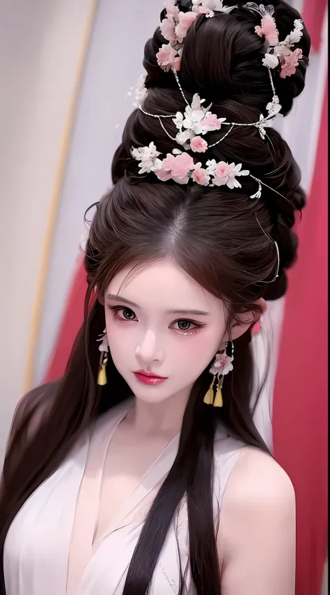 1 realistically beautiful girl, waist length hair, black eyes, ancient ao dai, style hanfu, wearing a thin silk shirt of ancient...