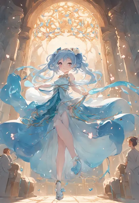 （in a panoramic view，Whole body diagram：1.5），（1 delicate girl playing on the swing），（Vine swing，Anime girl with blue hair and white dress with flower crown，palaces，hanfugirl），（Guviz-style artwork，Guvitz，inspired by Leng Mei，A beautiful fantasy queen，Inspir...