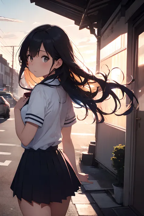 (masterpiece, best quality), 1girl, school uniform, from behind, wind, wind lifting skirt, portrait, city street, walk, long hair, vibrant colors, volumetric lighting, thighighs, sunset, deep shadows, best lighting, best shadows, looking at the viewer turn...