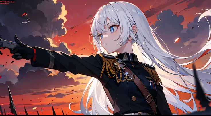 Hyper-detailing，A high resolution，best qualtiy，8k wallpaper，Black military uniform，Loli，Blue pupil，Long white hair，Perfectcomposition，Soft hair，Majesty，expressiveless，black glove，Broken battlefield，Red sky，Gunsmoke fills，Broken earth