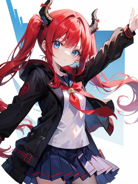 red hair, blue eyes, twintails, Sailor suit,black coat, Dragon horns,Pleated skirt,solo,loli,cute,bow