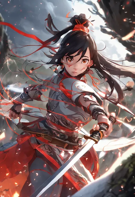 A young female swordsman in ancient China，3D shaped face，Fierce eyes，Fair and delicate skin，Exquisite facial features，Put on lightning。Chinese big knife，Glow，Glow，fire glow，impact，blasts，red colour，Orange colors，Long shots，full bodyesbian，Swoop punch，motio...