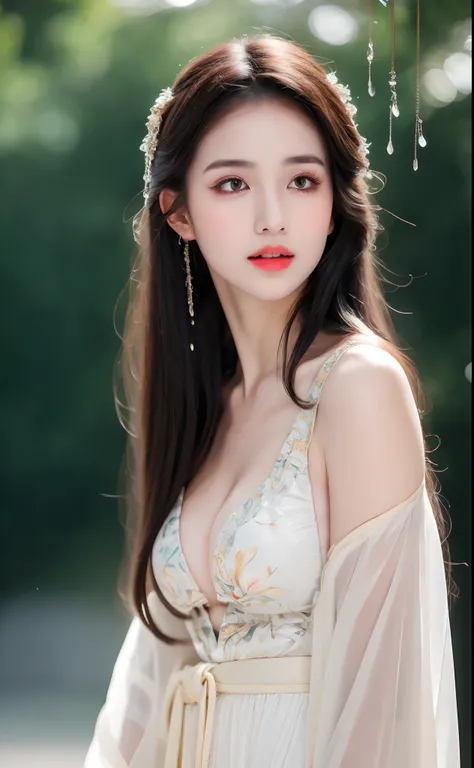 ((Best Quality, 8k, Masterpiece: 1.3)), Focus: 1.2, Perfect Body Beauty: 1.4, Buttocks: 1.2, ((Layered Haircut)), (Wet Clothes: 1.1), (Rain, Street:1.3), (Breasts: 1.2), (Hanfu: 1.2), Bare Shoulders, Bare Legs, Highly Detailed Face and Skin Texture, Fine E...