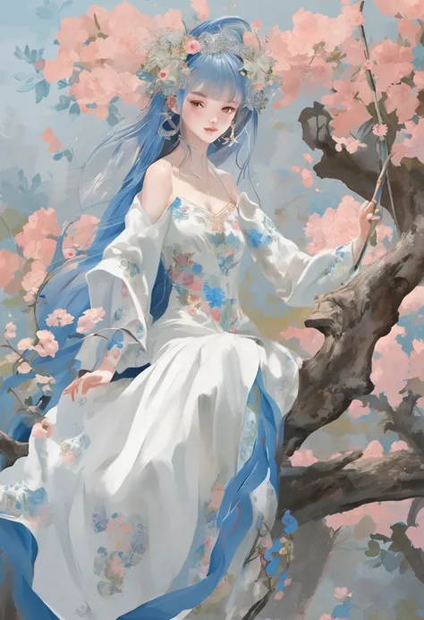 （in a panoramic view，Whole body diagram：1.5），（1 delicate girl playing on the swing），（Vine swing，Anime girl with blue hair and white dress with flower crown，palaces，hanfugirl），（Guviz-style artwork，Guvitz，inspired by Leng Mei，A beautiful fantasy queen，Inspir...