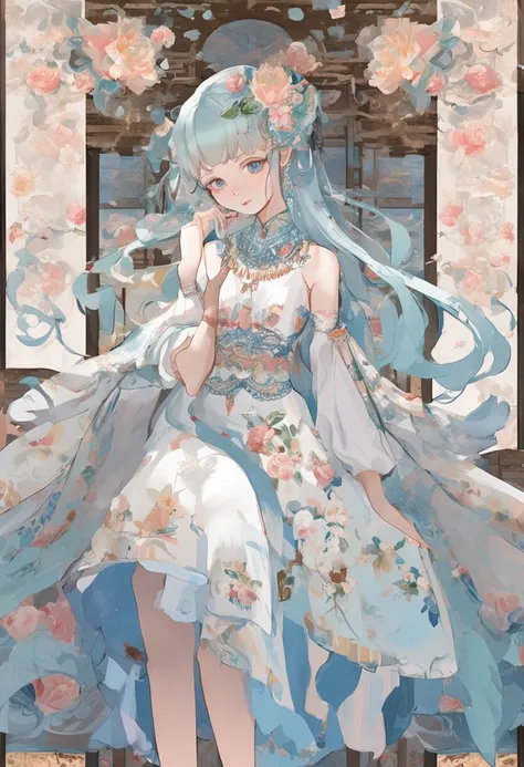 （in a panoramic view，Whole body diagram：1.5），（1 delicate girl playing on the swing），（Vine swing，Anime girl with blue hair and white dress with flower crown，palaces，hanfugirl），（Guviz-style artwork，Guvitz，inspired by Leng Mei，A beautiful fantasy queen，Inspir...