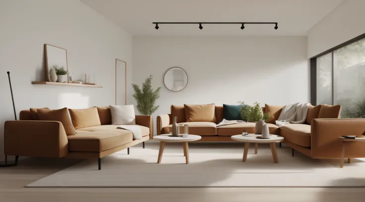 a cozy fulvous colored living room with a minimalist style and minimal furniture