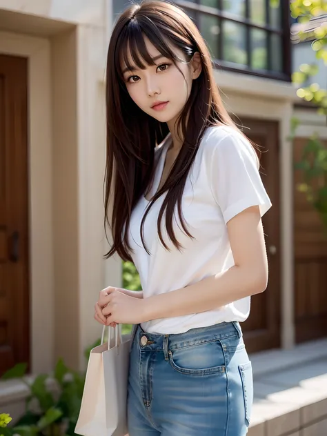 product quality, a cowboy shot, front view, 1girl, a Japanese young pretty woman, wearing a marriage ring, long bob hair, hyper pretty face, glamorous, wearing a short sleeves and long length satin silk white shirt with collared, wearing denim pants, carry...