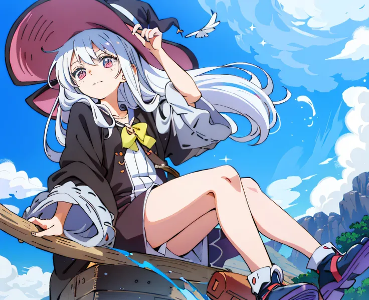 Anime girl sitting on a broom wearing a hat, sky witch, the witch, witch academia, flirty anime witch casting magic, portrait of a young witch girl, zerochan art, bright witch, Official anime artwork, Splash art anime Loli, beautiful wizard, marisa kirisam...