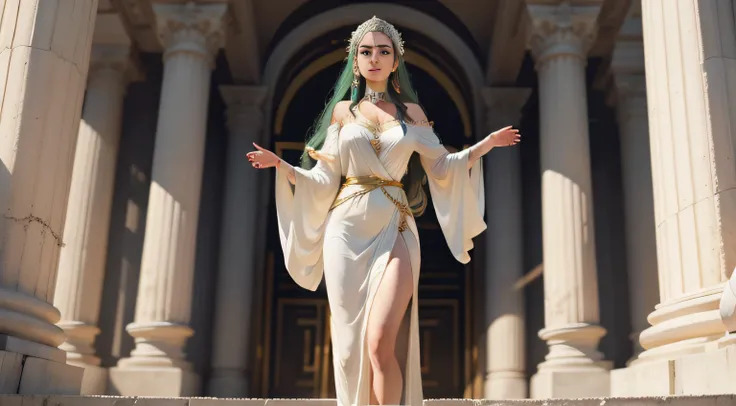 The Oracle of Delphi, The Oracle was a woman of unearthly beauty, with piercing green eyes that seemed to see right through me. She was dressed in a flowing white robe, her hair wild and untamed. She stood at the entrance of a grand temple, her hand outstr...