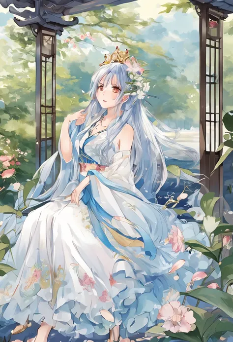 （in a panoramic view，Whole body diagram：1.5），（1 delicate girl playing on the swing），（Vine swing，Anime girl with blue hair and white dress with flower crown，palaces，hanfugirl），（Guviz-style artwork，Guvitz，inspired by Leng Mei，A beautiful fantasy queen，Inspir...