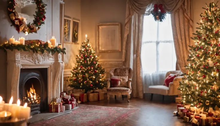 RAW photo, best, masterpiece, best quality, high quality, extremely detailed, Christmas tree with gifts and a fireplace in a room, luxuriously decorated, elegant and ornate, room full of candles, luxurious atmosphere, Christmas night, a lot of decoration a...