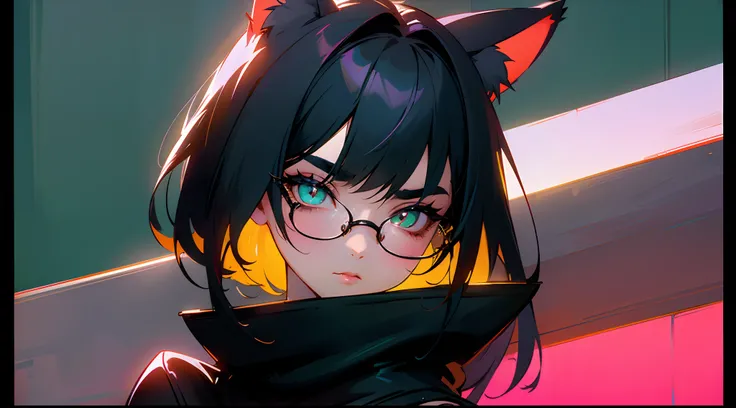 Girl with cat ears and glasses、cyberpunk backgrouns、Original Characters、Cinematic lighting、Best Shadows、Shallow depth of field、Portrait of an amazingly beautiful girl、Delicate beautiful attractive face with petite and seductive eyes、Sharp Eyebrows、Shortcut...