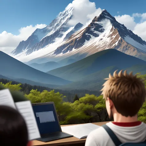 A serious male classmate，In the distance is the big mountain