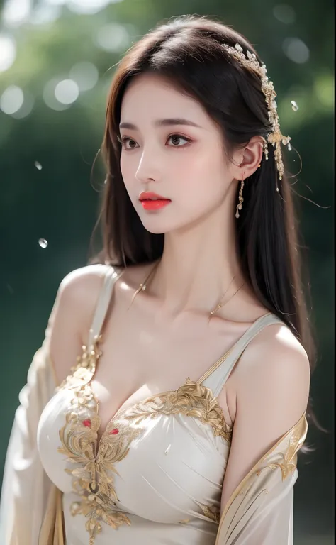 ((Best Quality, 8k, Masterpiece: 1.3)), Focus: 1.2, Perfect Body Beauty: 1.4, Buttocks: 1.2, ((Layered Haircut)), (Wet Clothes: 1.1), (Rain, Street:1.3), (Breasts: 1.2), (Hanfu: 1.2), Bare Shoulders, Bare Legs, Highly Detailed Face and Skin Texture, Fine E...