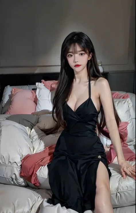 A beautiful woman in a black dress，the breasts are large，Liuhai hairstyle，sit on a bed，the sunset，High image quality