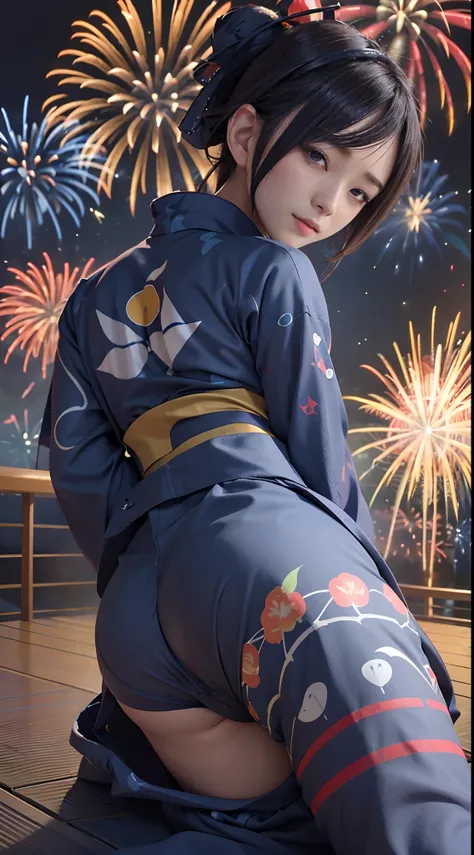 in 8K、超A high resolution、Best Quality、masutepiece (gargantuan butt、Toned body:1.1)(Dark blue yukata with fireworks pattern、Not isolated、Does not expose the skin:1.6)(Summer Festivals:1.3) (Short black-haired chignon:1.2)big eye、Distinct double eyelids、Lash...