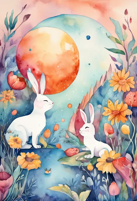 Colorful futuristic space illustration，The background is the moon, beautiful artwork illustration,Five cute bunnies