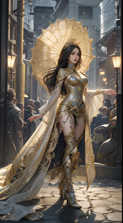 Woman in gold dress, Real Art Station, Heavy rain scene, detailed fantasy art, Stunning character art, Beautiful exquisite character art, Beautiful gold armor, Extremely detailed, Girl in Shining Armor, Exquisite Intricate Headdress and Jewelry, Full body ...