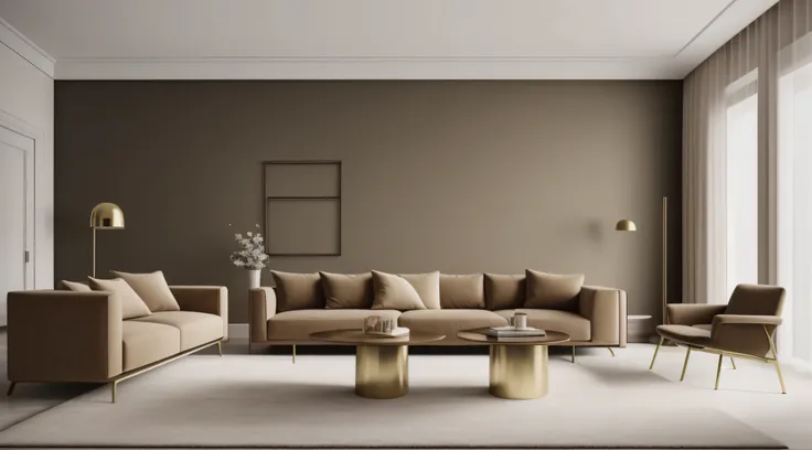 there is a couch and a table in a room, apartment with walls Antique brass color, minimalist design, modern, minimalist interior design, modern minimalist, modern and minimalist, minimal modern, apartment design, modern interior design, interior, modern mi...