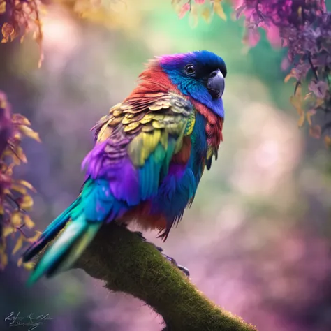 Fantasy creature, photo-realistic depiction, majestic bird, intricate plumage, iridescent feathers, mythical charm, close-up view, dramatic angle, ethereal atmosphere, painterly style, perched on a mystical branch, enchanted forest background, soft diffuse...