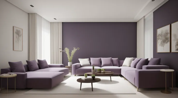 there is a couch and a table in a room, apartment with walls amaranth purple color, minimalist design, modern, minimalist interi...