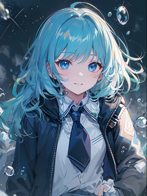 ((top-quality)), ((​masterpiece)), ((ultra-detailliert)), (extremely delicate and beautiful), girl with, 独奏, cold attitude,((Black jacket)),She is very(relax)with  the(Settled down)Looks,A dark-haired, depth of fields,evil smile,Bubble, under the water, Ai...