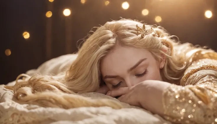 sleeping beauty、Millets paintings「ophelia」A woman lying like and sleeping peacefully、Golden robe、jewely, hair adornments,up of face、Loosely curled blonde、Light particles fly around、The face is shining、Halo is shining、dark backgrounds、Soft bed、((bokeh dof))...