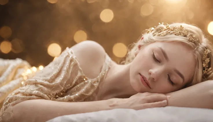 sleeping beauty、Millets paintings「ophelia」A woman lying like and sleeping peacefully、Golden robe、jewely, hair adornments,up of face、Loosely curled blonde、Light particles fly around、The face is shining、Halo is shining、dark backgrounds、Soft bed、((bokeh dof))...