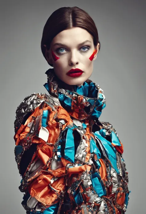 Contemporary Fashion Photography: female, vibrant skin, dieselpunk, Goya’s muse, vividly expressive eyes, as a minimalistic cyborg, interstellar future, transcendental, ultra-high-definition, meticulously detailed, medium shot, low angle, 8k Richard Avedon...