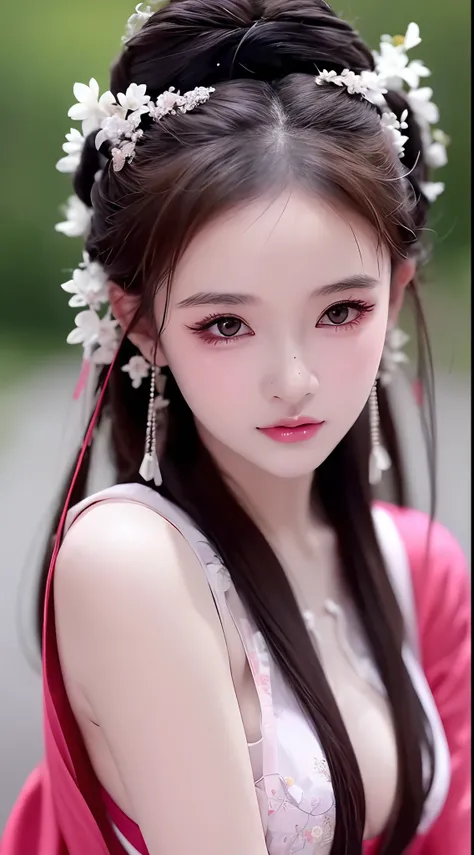 1 realistically beautiful girl, waist length hair, black eyes, ancient Ao Dai, style hanfu, wearing a thin silk shirt of ancient China, pink and smooth white skin, wearing a discreet ancient style ao dai, appears shoulders and head in the photo, Very cute ...