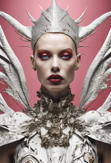 Avant-Garde Fashion Photography: androgynous, porcelain-like skin, baroque punk, Salvador Dali, piercing eagle eyes, as a streamlined android, postmodern, surrealistic, ultra HD, meticulously detailed, 8k by Mario Testino.