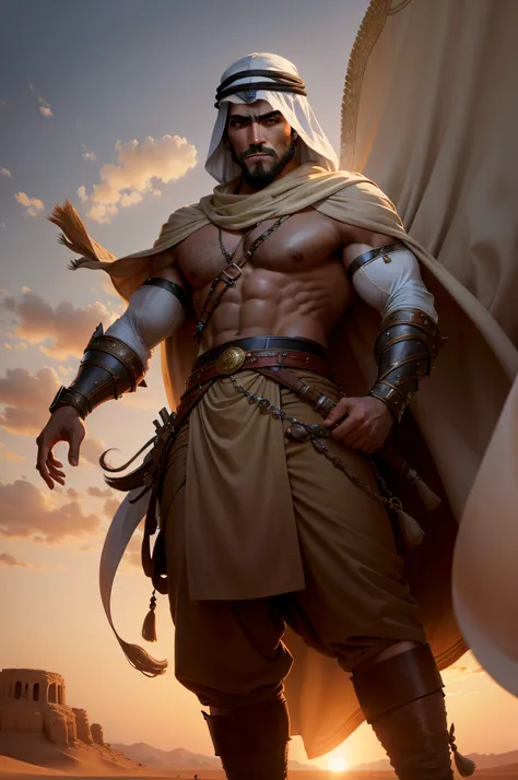 Capture the essence of an Arabian warrior standing strong against a desert horizon at sunset. His unwavering gaze and resolute posture reveal a determined heart. His facial features reflect the strength of his heritage, and his attire seamlessly merges his...