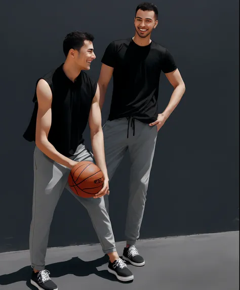 male people，Pinky skin，Split head，black shirt，White straps，grey pants，Black shoes，photorealestic，Handheld basketball，Sunny smile