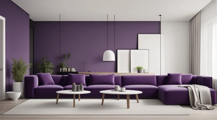 there is a couch and a table in a room, apartment with violet walls, minimalist design, modern, minimalist interior design, modern minimalist, modern and minimalist, minimal modern, apartment design, modern interior design, interior, modern minimal design,...