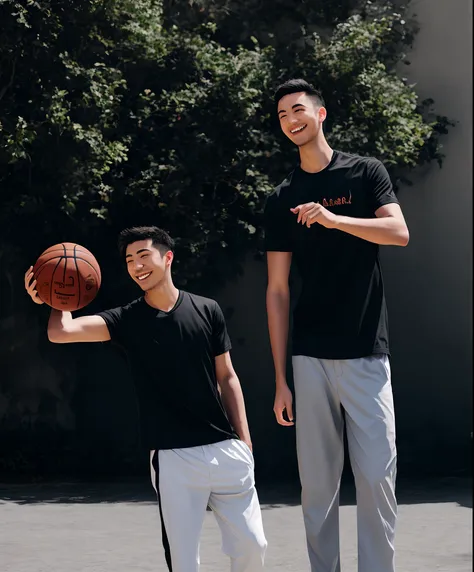 male people，Pinky skin，Split head，black shirt，White straps，grey pants，Black shoes，photorealestic，Handheld basketball，Sunny smile