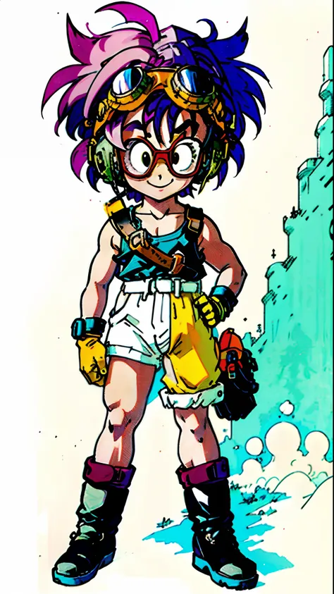 sunglasses, spiked hair, male focus, goggles, wristband, eyewear on head, chibi demon, goggles on head, detailled background, sand and desert background, solo, boots, full body, standing , glasses, smile, sleeveless, closed mouth, looking at viewer, yellow...