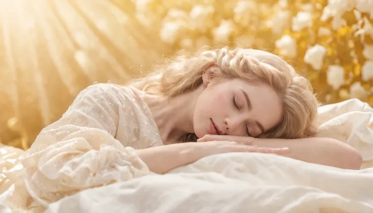 sleeping beauty、Millets paintings「ophelia」A woman lying like and sleeping peacefully、White robe、Loosely curled blonde、Light particles fly around、Halo is shining、Golden background、Soft bed、((bokeh dof))、Overflowing with flowers and plants、depth of fields、re...