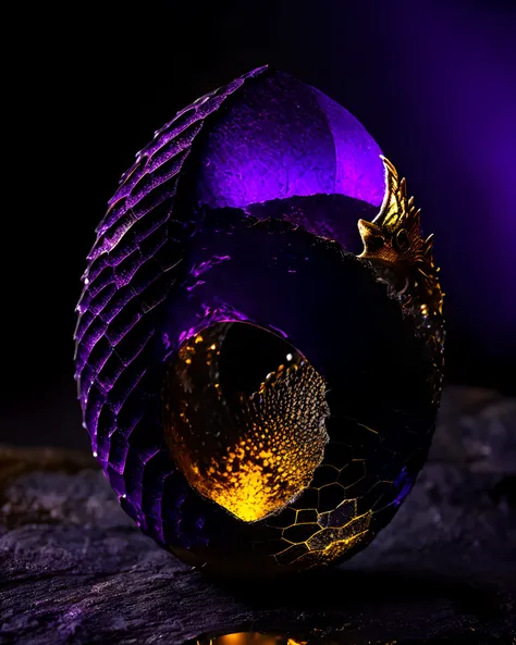 crystalline rock forms dragon egg with silver and gold metal dragon scale half-shell, by mjart, placed on black lava rock, background dark cave with purple ambient light,