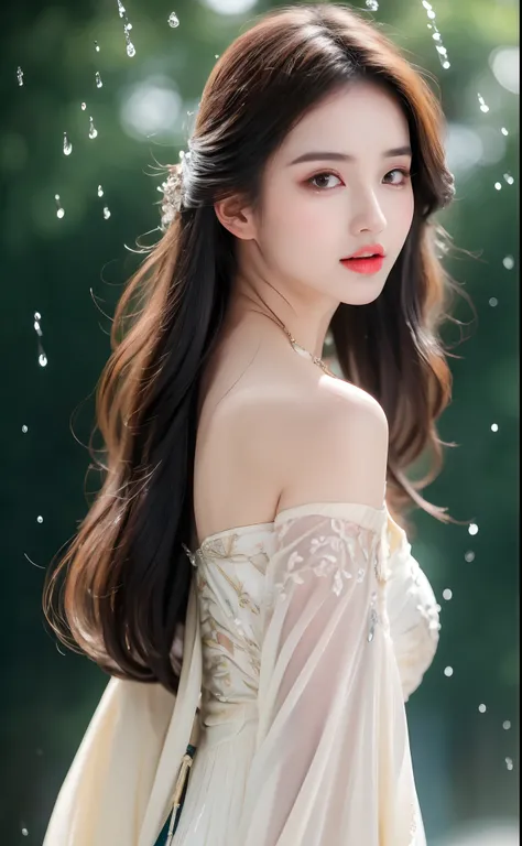 ((Best Quality, 8k, Masterpiece: 1.3)), Focus: 1.2, Perfect Body Beauty: 1.4, Buttocks: 1.2, ((Layered Haircut)), (Wet Clothes: 1.1), (Rain, Street:1.3), (Breasts: 1.2), (Hanfu: 1.2), Bare Shoulders, Bare Legs, Highly Detailed Face and Skin Texture, Fine E...