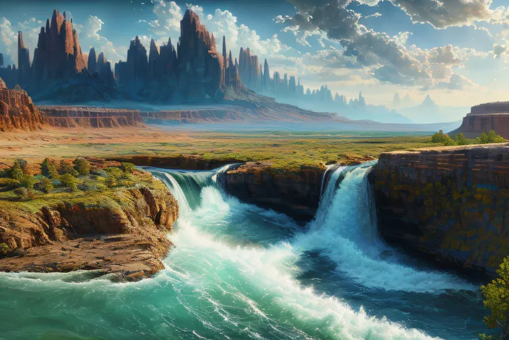 paysage futuriste, Eau, (Highly detailed CG Unit 8k wallpaper), The most beautiful work of art in the world, Professional majestic oil painting, complexe, High detail, mise au point nette, dramatique, Art of photorealist painting,