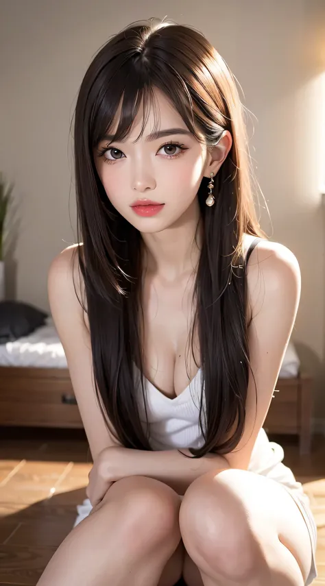 (in 8K, Photorealistic:1.25) ,( small lip luster, Eye lashes, Gloss Face, Glossy glossy skin, best qualtiy, 超A high resolution, depth of fields, color difference, Caustics, Wide light, Natural Shadow, ) Standing Pose,slender,brown haired, Blunt bangs, hair...