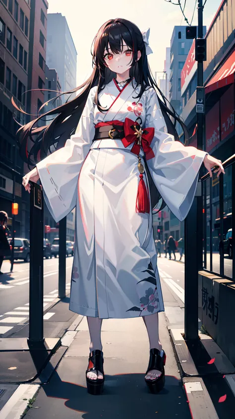 All over a girl standing on the street, black straight long hair, M bangs, red eyes, black long hair，White belt kimono white belt white bow wearing clogs