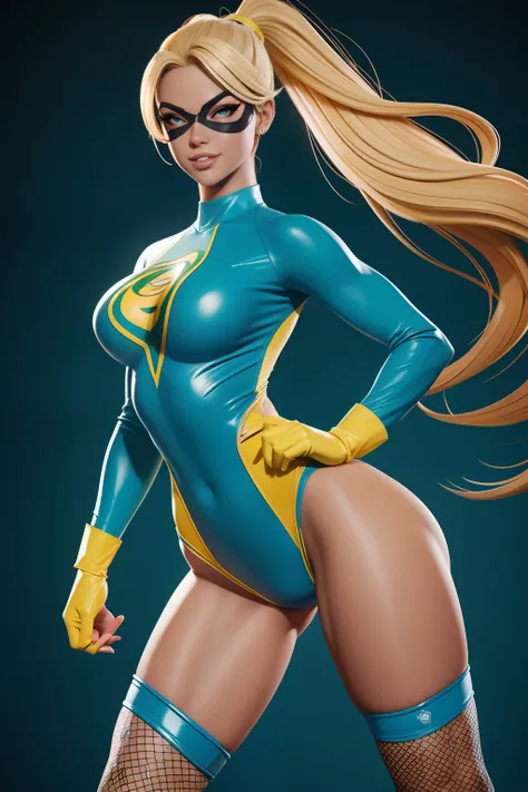 Sexy Brazilian superheroine with spider powers, loves having fun, parties and working out, Blonde hair, ponytail, fit body, wears a green, blue and yellow leotard, blue gloves and blue high knee boots, fishnets spider themed outfit complete with a domino m...