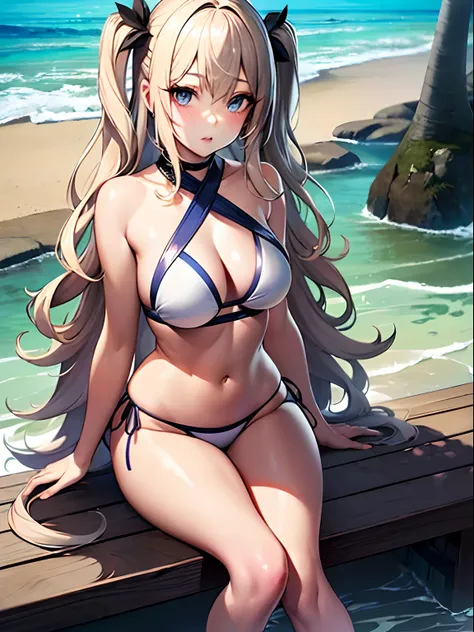 ((Best Quality)), (Ultra-detailed), ((Extremely detailed)), (Beautiful), ((Kawaii Girl)),(two side up hair).,Platinum Blonde Hair,Long hair, hair between eye, Wavy Hair, Long sideburns,Jade-colored eyes, White skin,Normal Chest,Slender body,Cross Halter Bi...