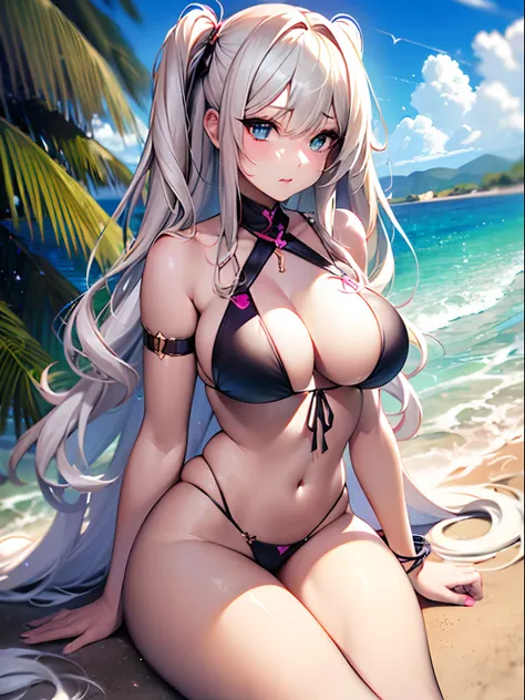 ((Best Quality)), (Ultra-detailed), ((Extremely detailed)), (Beautiful), ((Kawaii Girl)),(two side up hair).,Platinum Blonde Hair,Long hair, hair between eye, Wavy Hair, Long sideburns,Jade-colored eyes, White skin,Normal Chest,Slender body,Cross Halter Bi...