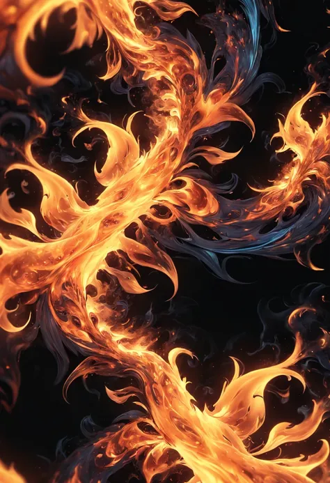 Fire closeup on black background and black background, flame fractal, Highly detailed generative art, Flame texture, intricate overlay flames imagery, Hell background, abstract paintings. 8K, fractal fire background, swirling flames in background, Paint po...