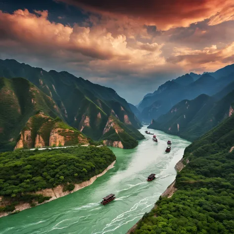 There is a river in the middle of the extremely high mountains of the Yangtze River in China, When the boat is advancing in the river. The scenery is very beautiful, 64K HD images