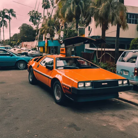 A retro sci-fi delorean car parked in the California neighborhood, no estilo hustlewave, 1980s, Post-Internet aesthetics, Onda de recife, Wet core, Transvanguardista, infantil